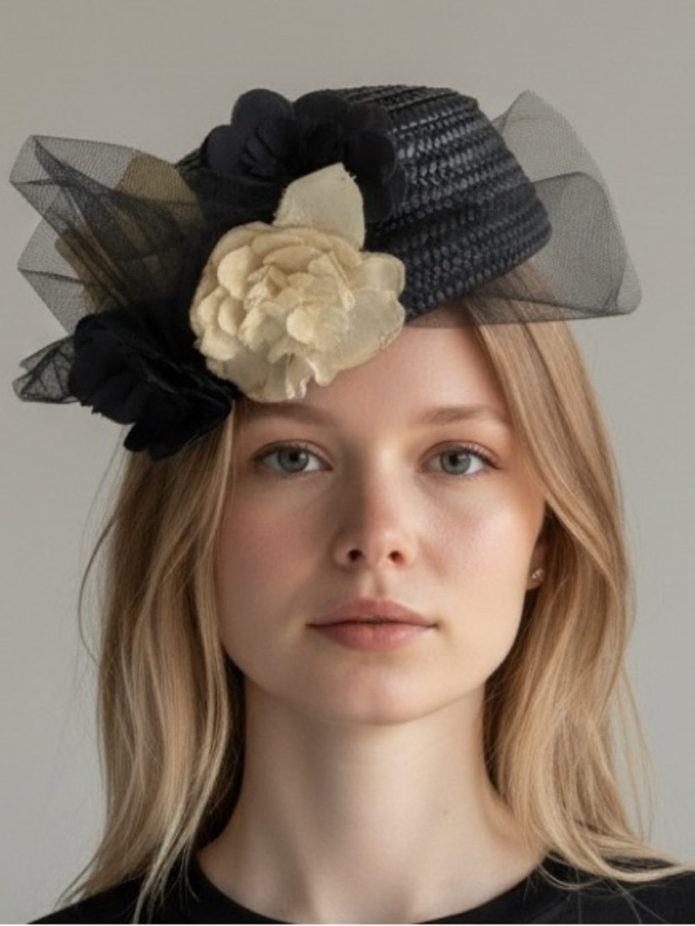Morgan Taylor Black Straw Pillbox Hat Italian Straw Floral Mesh Fascinator